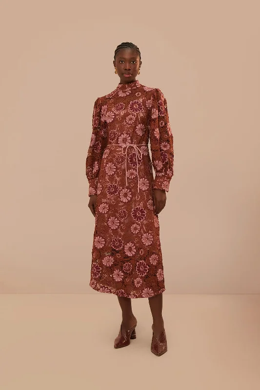 Midi dresses with belted waists to accentuate the figureBrown Gigi Tapestry Guipure Midi Dress Midi dresses with belted waists to accentuate the figureBrown Gigi Tapestry Guipure Midi Dress