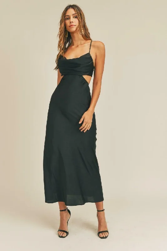 Plaid midi dresses for a fall - themed family gatheringGina Black Satin Cutout Midi Dress