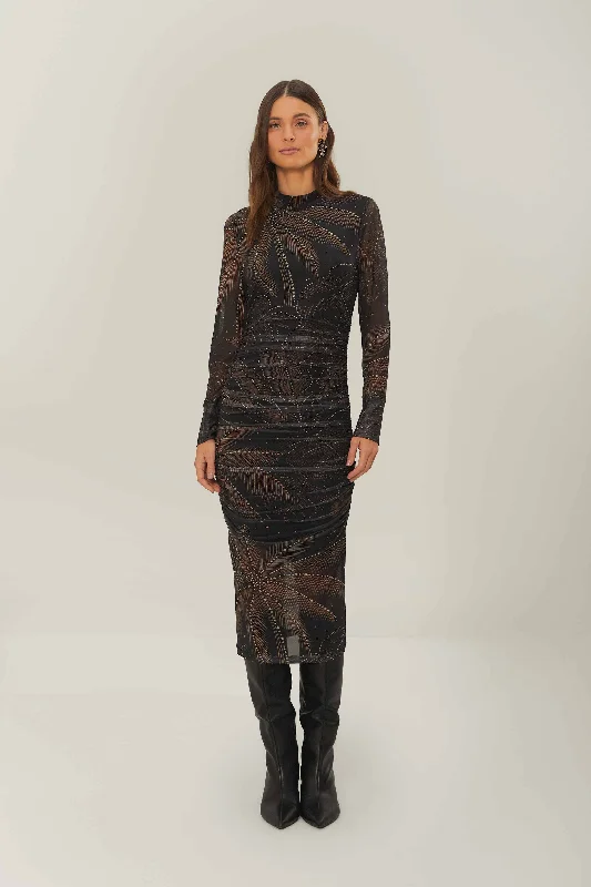 Midi dresses with metallic threads for a glamorous evening eventBlack Golden Foliage Tulle Midi Dress Midi dresses with metallic threads for a glamorous evening eventBlack Golden Foliage Tulle Midi Dress