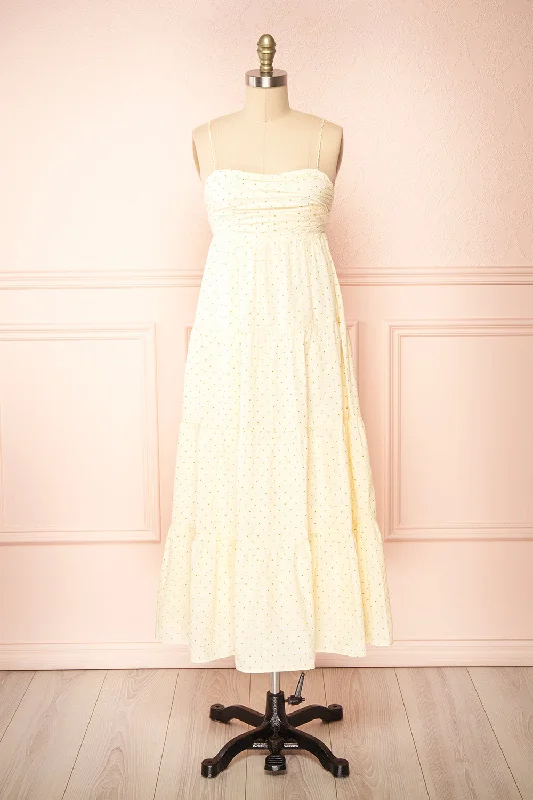 Midi dresses with ruched bodices for a feminine and fitted feelHella | Tiered Beige Midi Dress w/ Polka Dots Midi dresses with ruched bodices for a feminine and fitted feelHella | Tiered Beige Midi Dress w/ Polka Dots