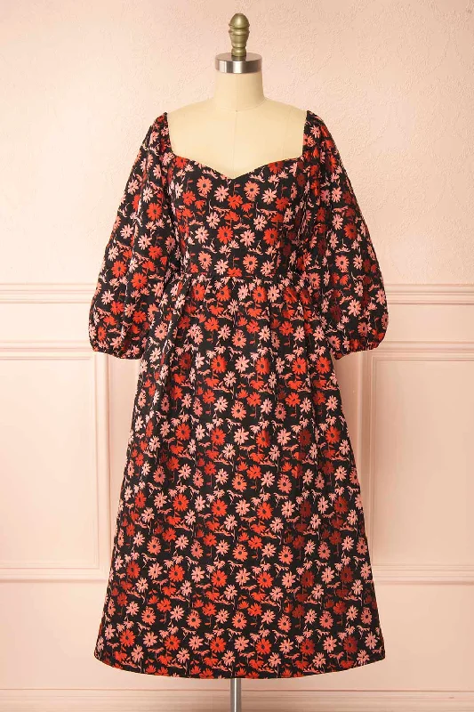 Midi dresses with ruched bodices for a feminine and fitted feelInarea | Midi Black Floral Dress w/ Puffy Sleeves Midi dresses with ruched bodices for a feminine and fitted feelInarea | Midi Black Floral Dress w/ Puffy Sleeves