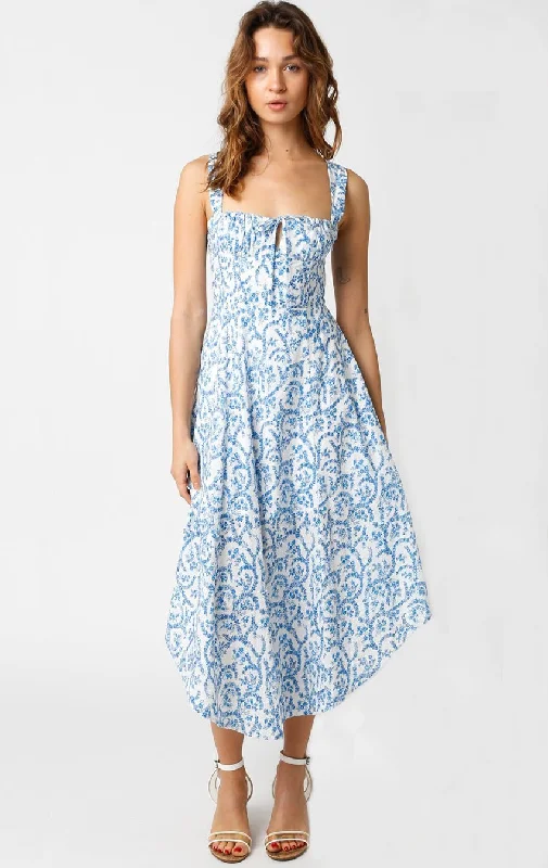 Midi dresses with bow accents for a sweet and charming lookIos White and Blue Floral Corset Midi Dress