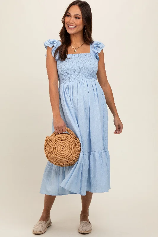 Midi dresses with V - necklines for a flattering and elongating effectLight Blue Striped Flutter Sleeve Maternity Midi Dress Midi dresses with V - necklines for a flattering and elongating effectLight Blue Striped Flutter Sleeve Maternity Midi Dress