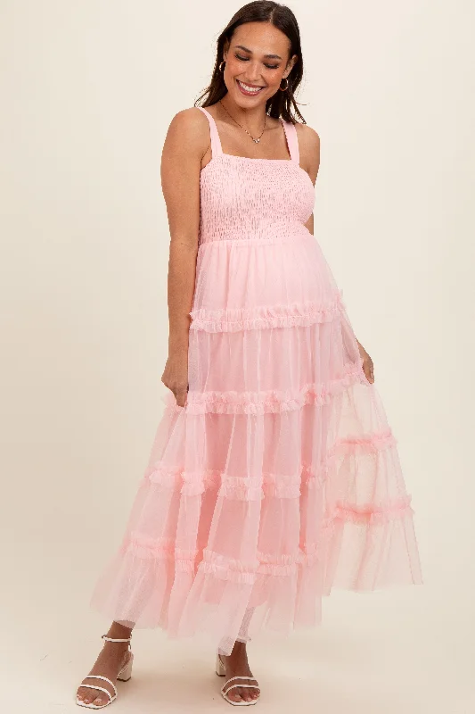 Sheath midi dresses with beaded embellishments for a formal occasionLight Pink Smocked Ruffle Tiered Tulle Maternity Midi Dress Sheath midi dresses with beaded embellishments for a formal occasionLight Pink Smocked Ruffle Tiered Tulle Maternity Midi Dress