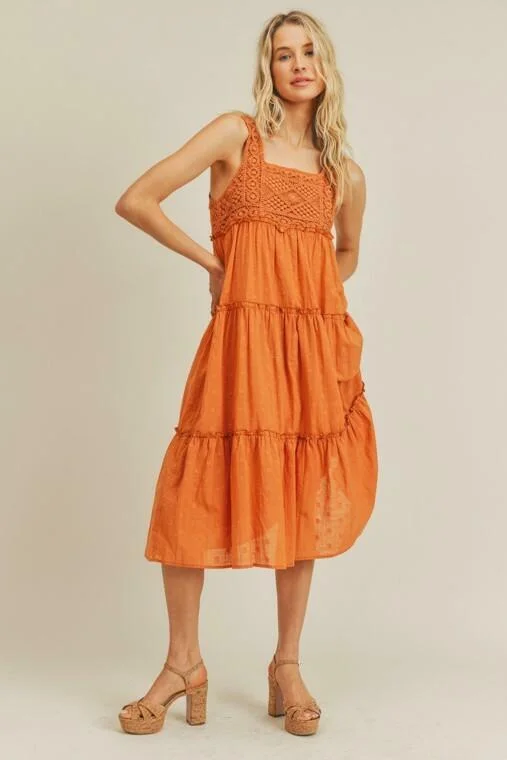 Midi dresses with pleated skirts for a timeless and elegant appealLush Savanna Orange Rust Crochet Midi Dress