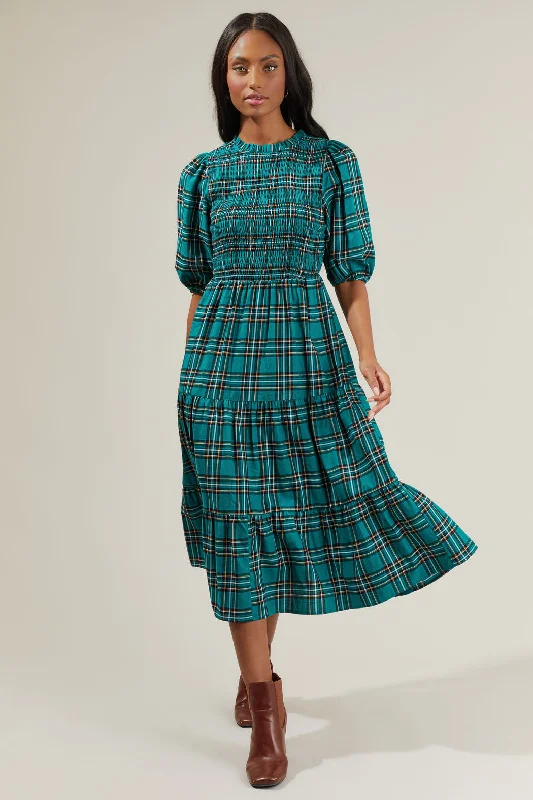 High - low midi dresses with geometric patterns for a modern partyMelody Plaid Smocked Tiered Midi Dress High - low midi dresses with geometric patterns for a modern partyMelody Plaid Smocked Tiered Midi Dress