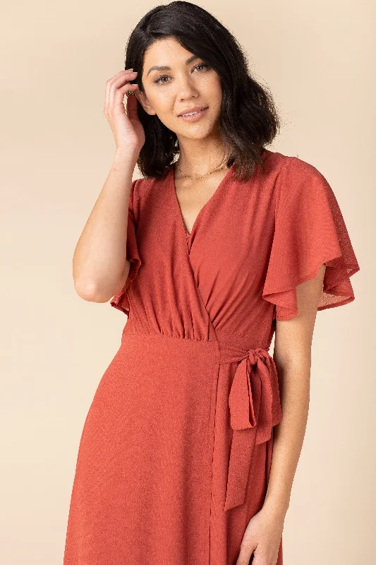 Midi dresses with sheer panels for a touch of allureNaples Flutter Sleeve Wrap Maxi - Clay Red Midi dresses with sheer panels for a touch of allureNaples Flutter Sleeve Wrap Maxi - Clay Red