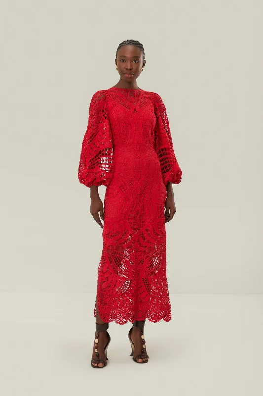 Midi dresses with one - shoulder designs for a modern and asymmetric styleRed Nature Guipure Midi Dress