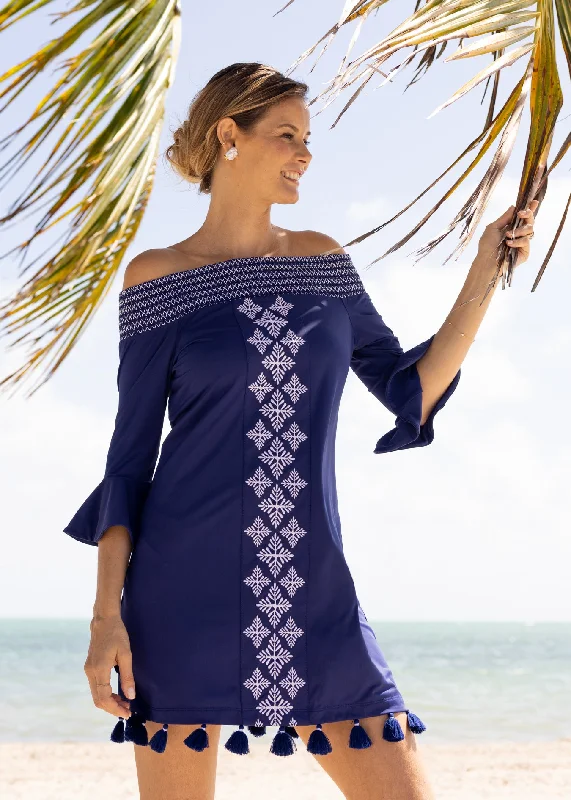 A - line midi dresses with floral prints for spring brunchesNavy Embroidered Off The Shoulder Dress A - line midi dresses with floral prints for spring brunchesNavy Embroidered Off The Shoulder Dress