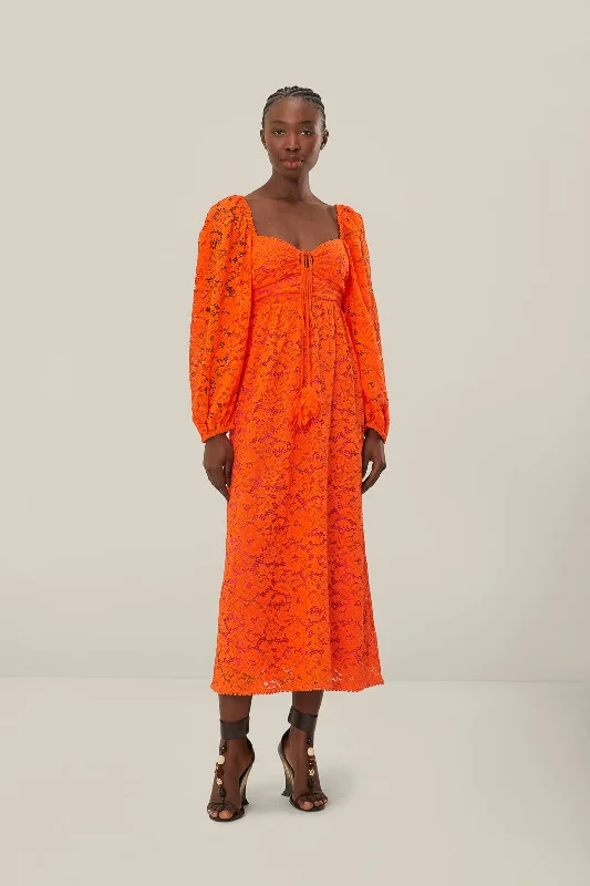 Midi dresses with mesh inserts for a trendy and breathable optionOrange Lace Long Sleeve Midi Dress Midi dresses with mesh inserts for a trendy and breathable optionOrange Lace Long Sleeve Midi Dress