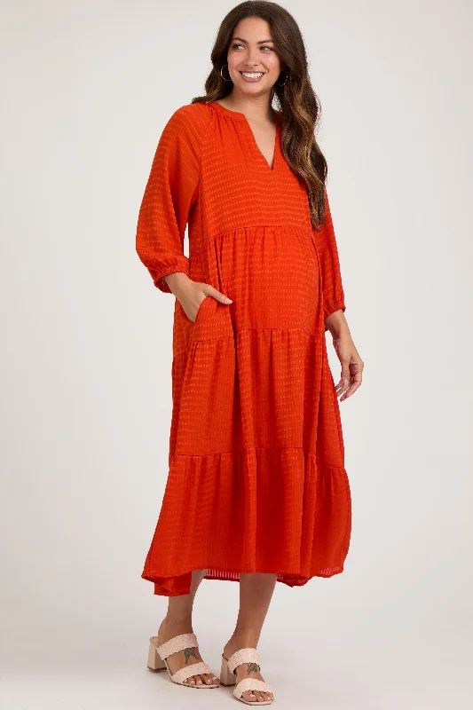 Midi dresses with asymmetric hems for a fashion - forward and dynamic appearanceOrange Textured Tiered Maternity Midi Dress Midi dresses with asymmetric hems for a fashion - forward and dynamic appearanceOrange Textured Tiered Maternity Midi Dress