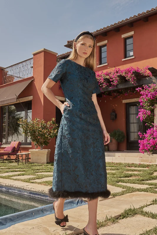 Midi dresses with tassel accents for a bohemian and free - spirited stylePage Floral Jacquard Feather Trim Midi Dress