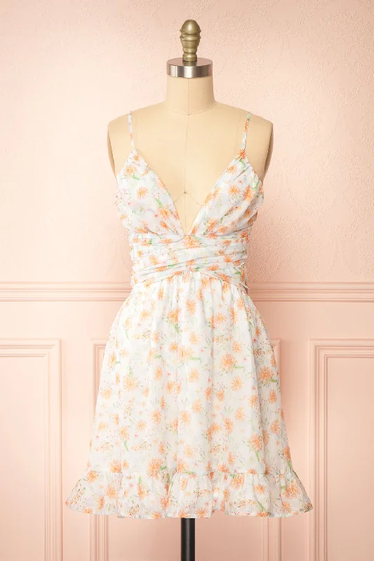 Midi dresses with wrap - around skirts for a customizable fitPattie | Short Floral Dress w/ Plunging Neckline Midi dresses with wrap - around skirts for a customizable fitPattie | Short Floral Dress w/ Plunging Neckline