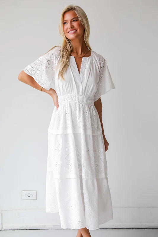 Midi dresses with ruffled sleeves for a more feminine and voluminous lookFINAL SALE - Perfect Sunshine White Eyelet Midi Dress Midi dresses with ruffled sleeves for a more feminine and voluminous lookFINAL SALE - Perfect Sunshine White Eyelet Midi Dress