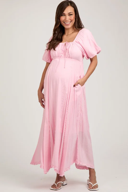 Midi dresses with ribbed textures for a unique and tactile appearancePink Front Tie Puff Sleeve Maternity Maxi Dress Midi dresses with ribbed textures for a unique and tactile appearancePink Front Tie Puff Sleeve Maternity Maxi Dress