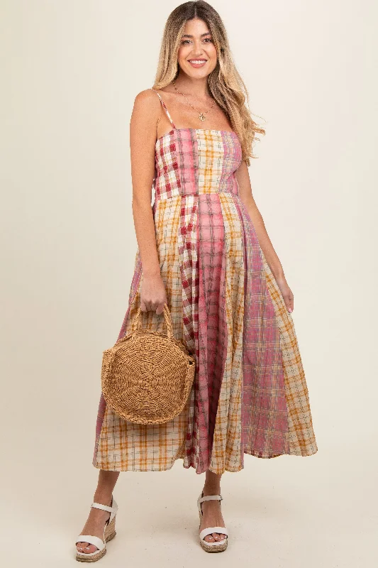 Midi dresses with belted waists to accentuate the figurePink Mixed Plaid Maternity Maxi Dress Midi dresses with belted waists to accentuate the figurePink Mixed Plaid Maternity Maxi Dress