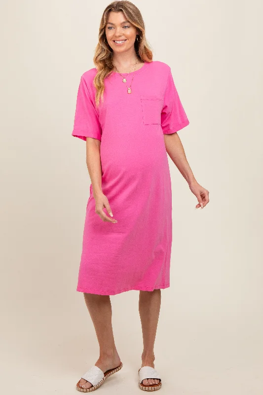 Midi dresses with mesh inserts for a trendy and breathable optionPink Oversized Round Neck T-Shirt Maternity Dress Midi dresses with mesh inserts for a trendy and breathable optionPink Oversized Round Neck T-Shirt Maternity Dress