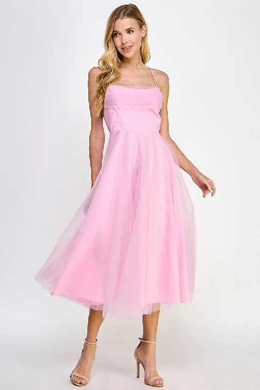 Midi dresses with asymmetric hems for a fashion - forward and dynamic appearancePink Spaghetti Strap Tulle Midi Dress Midi dresses with asymmetric hems for a fashion - forward and dynamic appearancePink Spaghetti Strap Tulle Midi Dress