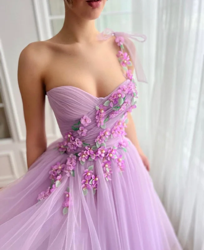 Sleeveless midi dresses with lace details for summer weddingsPurple Petals Dress