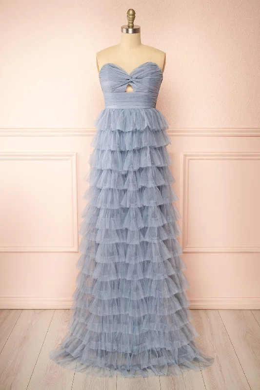 Midi dresses with tiered skirts for a bohemian festival lookQila Blue | Strapless Tulle Ruffled Dress Midi dresses with tiered skirts for a bohemian festival lookQila Blue | Strapless Tulle Ruffled Dress