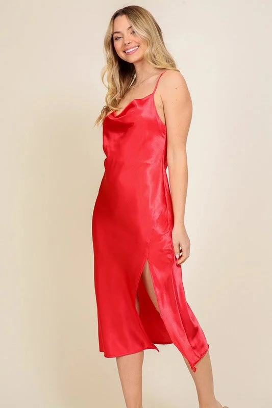 Sleeveless midi dresses with lace details for summer weddingsRed Satin Cowl Neck Midi Dress With Slit Sleeveless midi dresses with lace details for summer weddingsRed Satin Cowl Neck Midi Dress With Slit