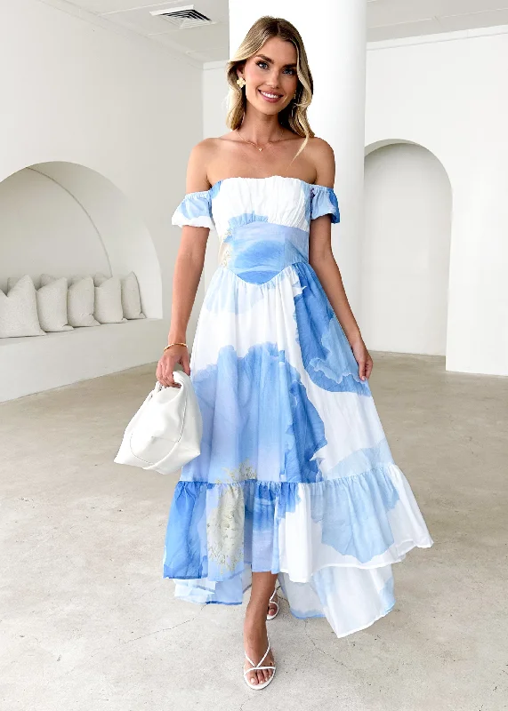 Midi dresses with mesh inserts for a trendy and breathable optionSalina Off Shoulder Midi Dress - Blue Flowers Midi dresses with mesh inserts for a trendy and breathable optionSalina Off Shoulder Midi Dress - Blue Flowers
