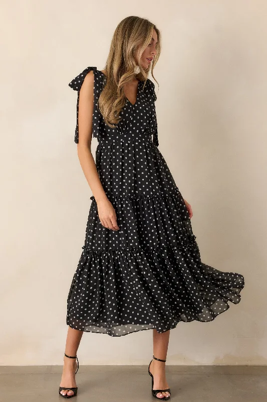 Midi dresses with printed lining for a hidden and stylish detailSavor The Moment Black Polka Dot Midi Dress