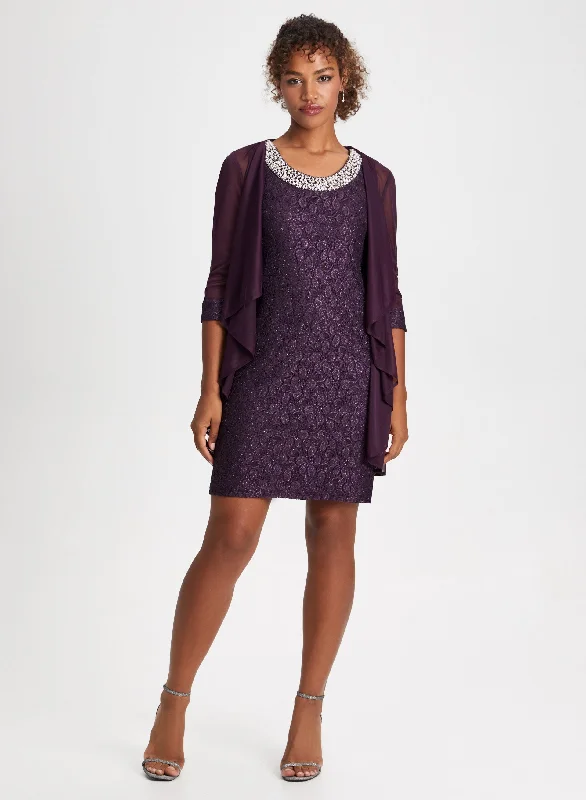 Midi dresses with puff sleeves for a vintage - inspired lookSequin Lace Dress & Jacket Set Midi dresses with puff sleeves for a vintage - inspired lookSequin Lace Dress & Jacket Set