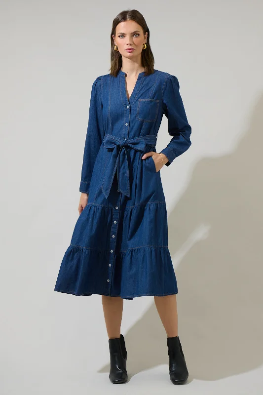 Wrap - style midi dresses in silk for a sophisticated office lookSkylah Denim Tiered Midi Dress Wrap - style midi dresses in silk for a sophisticated office lookSkylah Denim Tiered Midi Dress