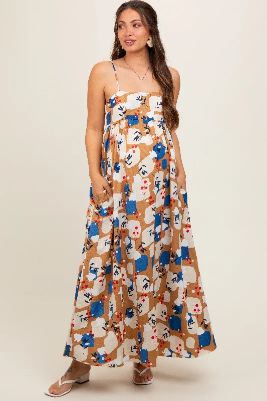 Midi dresses with cotton - blend materials for everyday comfortTaupe Leaf Print Open Lace-Up Back Maternity Maxi Dress Midi dresses with cotton - blend materials for everyday comfortTaupe Leaf Print Open Lace-Up Back Maternity Maxi Dress