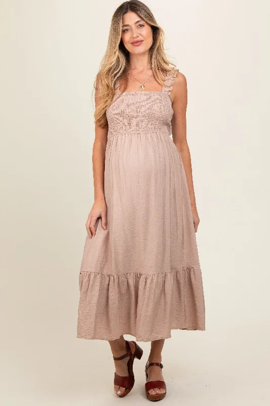 Midi dresses with mesh inserts for a trendy and breathable optionTaupe Smocked Bodice Maternity Maxi Dress Midi dresses with mesh inserts for a trendy and breathable optionTaupe Smocked Bodice Maternity Maxi Dress