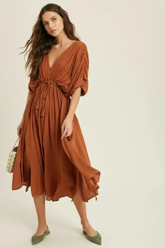 Midi dresses with ruched bodices for a feminine and fitted feelTruly Perfect Rust Brown Midi Dress Midi dresses with ruched bodices for a feminine and fitted feelTruly Perfect Rust Brown Midi Dress