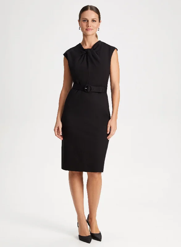 Midi dresses with V - necklines for a flattering and elongating effectTwist Neck Detail Sheath Dress Midi dresses with V - necklines for a flattering and elongating effectTwist Neck Detail Sheath Dress