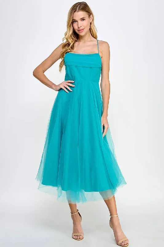 Midi dresses with printed lining for a hidden and stylish detailSpaghetti Strap Tulle Midi Dress Square Neckline Midi dresses with printed lining for a hidden and stylish detailSpaghetti Strap Tulle Midi Dress Square Neckline