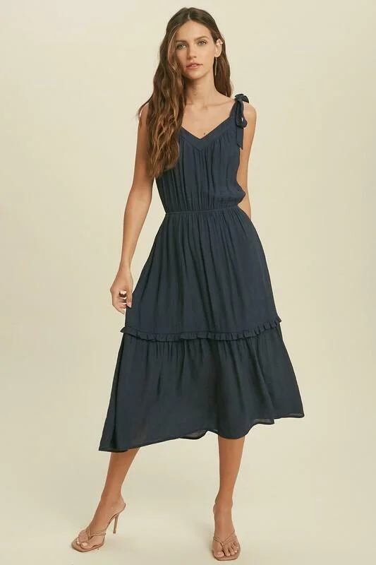 Midi dresses with ruched bodices for a feminine and fitted feelWhy Wait Midnight Navy Tie-Strap Midi Dress Midi dresses with ruched bodices for a feminine and fitted feelWhy Wait Midnight Navy Tie-Strap Midi Dress