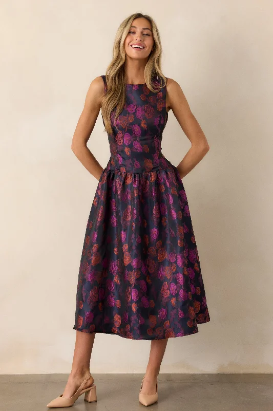 Midi dresses with off - the - shoulder necklines for a flirty lookWindswept Garden Purple Floral Drop Waist Midi Dress Midi dresses with off - the - shoulder necklines for a flirty lookWindswept Garden Purple Floral Drop Waist Midi Dress