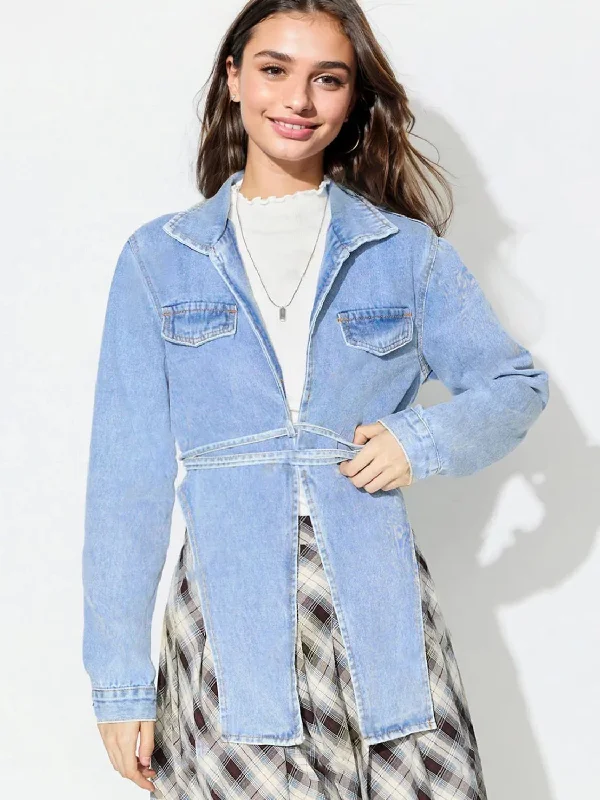 Distressed Denim Top for a Trendy and Edgy LookAsymmetric Slit Collared Neck Long Denim Top Distressed Denim Top for a Trendy and Edgy LookAsymmetric Slit Collared Neck Long Denim Top