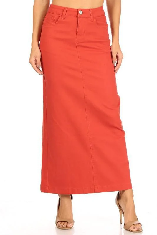 Denim skirts with cardigans for a soft and feminine lookAva Long Color Denim Skirt in Terra Cotta (FINAL SALE) Denim skirts with cardigans for a soft and feminine lookAva Long Color Denim Skirt in Terra Cotta (FINAL SALE)