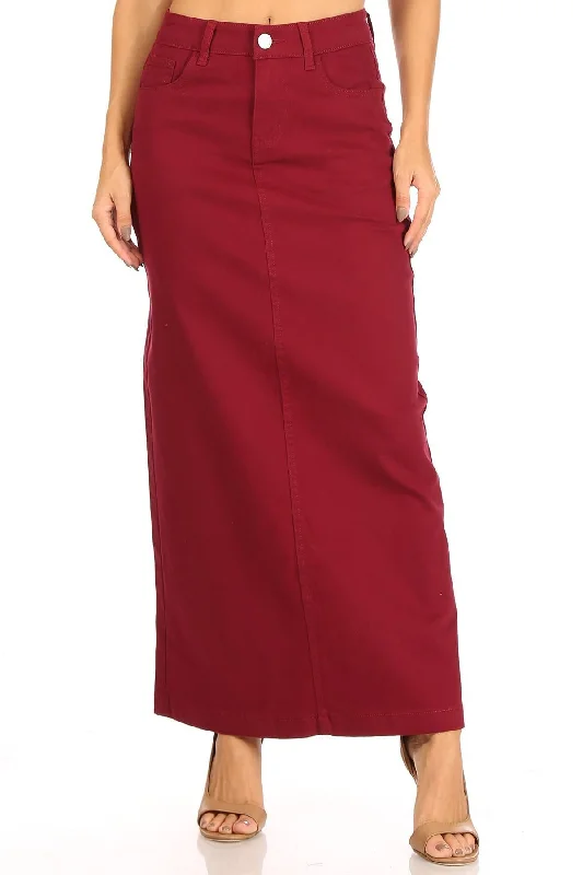 Denim skirts with sandals for a summer - ready outfitAva Long Color Denim Skirt in Wine Denim skirts with sandals for a summer - ready outfitAva Long Color Denim Skirt in Wine