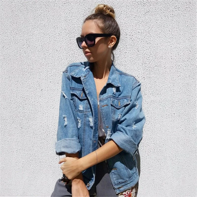 Fringed Denim Top with a Bohemian FlairBasic Distressed Denim Jacket