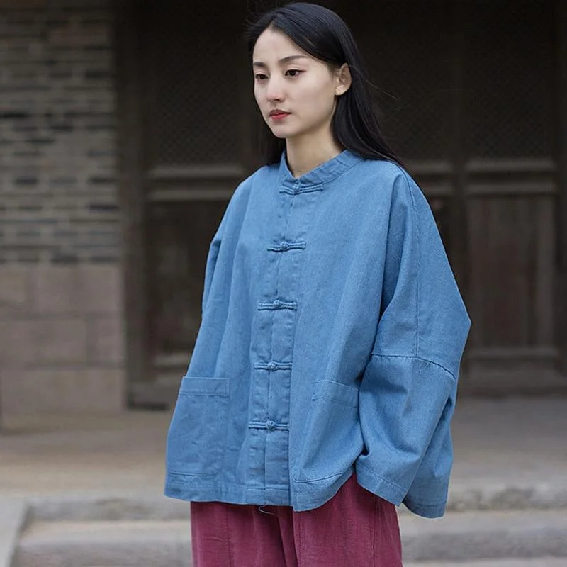 Plus - Size Denim Top for a Comfortable and Stylish FitBatwing Sleeve Chinese Denim Jacket | Zen Plus - Size Denim Top for a Comfortable and Stylish FitBatwing Sleeve Chinese Denim Jacket | Zen