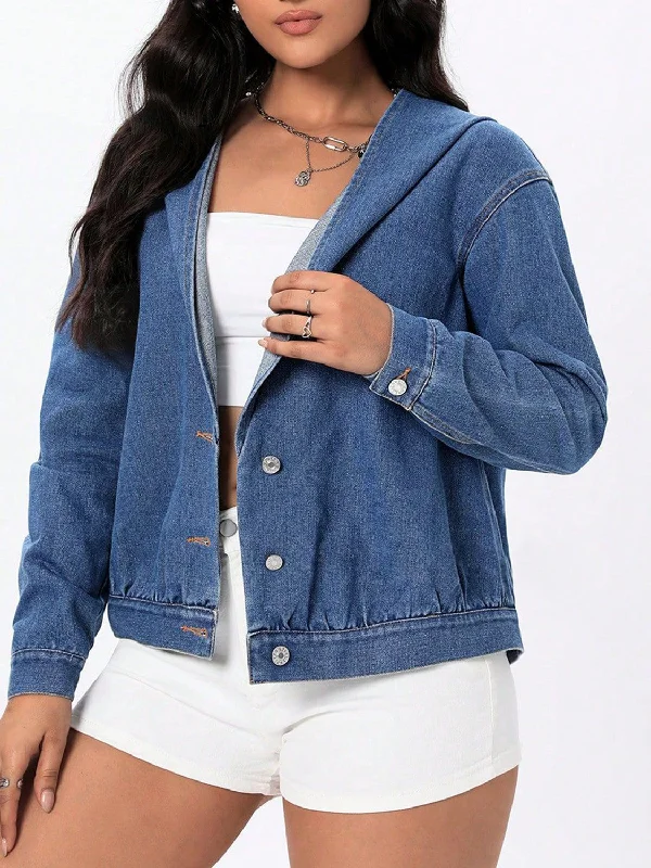 Cropped Denim Top to Pair with High - Waisted BottomsButton Up Hooded Denim Top