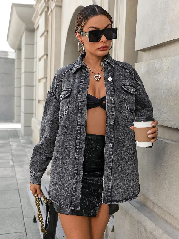 Cropped Denim Top to Pair with High - Waisted BottomsButton Up Long Sleeve Fleece Denim Jacket Cropped Denim Top to Pair with High - Waisted BottomsButton Up Long Sleeve Fleece Denim Jacket