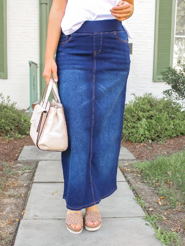 Zip - up denim skirts for easy wearClassic Waistband Long Denim (DK Blue)