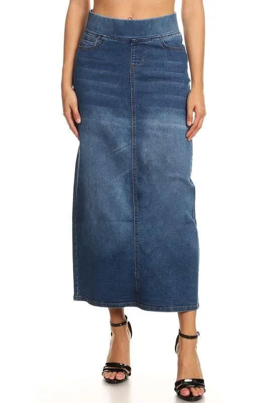 Embroidered denim skirts with floral designsClassic Waistband Long Denim (Indigo) - FINAL SALE Embroidered denim skirts with floral designsClassic Waistband Long Denim (Indigo) - FINAL SALE
