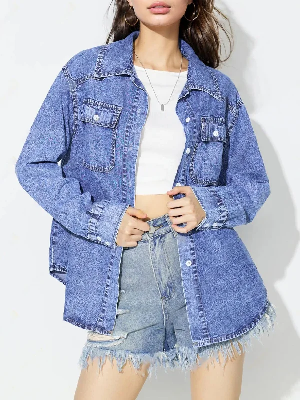 Fringed Denim Top with a Bohemian FlairCurved Hem Collared Neck Denim Top