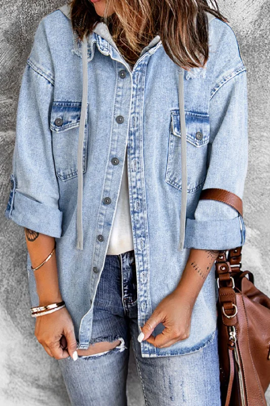 Long - Sleeve Denim Top for Cold Weather LayeringDistressed Button Up Hooded Denim Jacket with Pockets Long - Sleeve Denim Top for Cold Weather LayeringDistressed Button Up Hooded Denim Jacket with Pockets