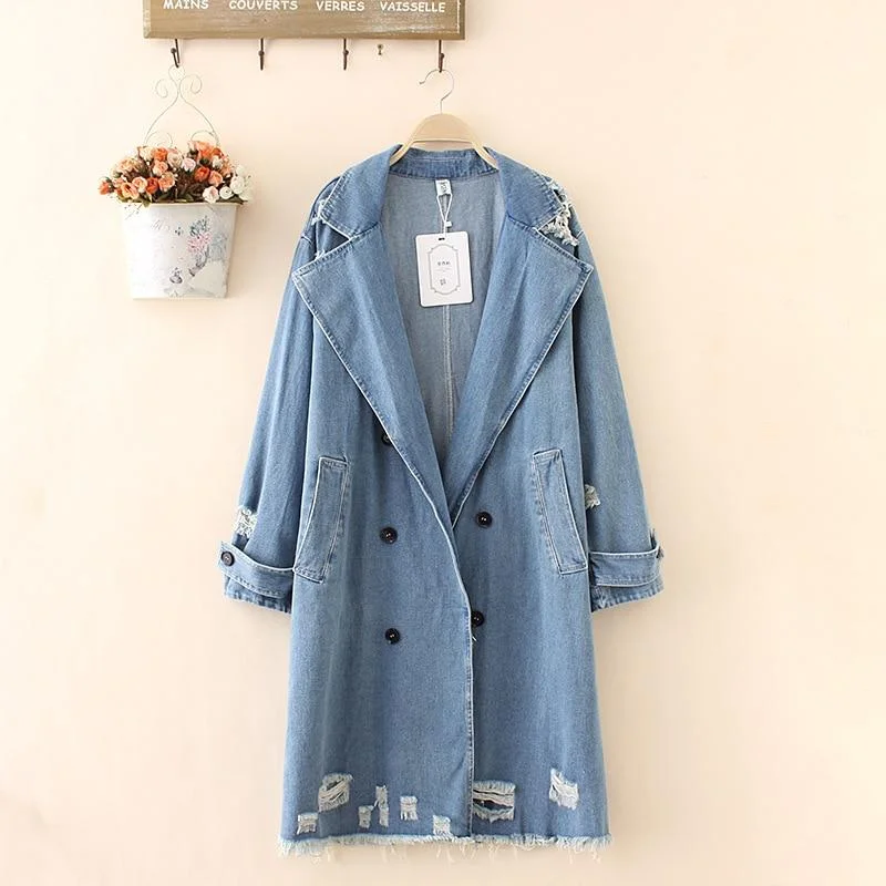 Long - Sleeve Denim Top for Cold Weather LayeringDistressed Denim Trench Coat