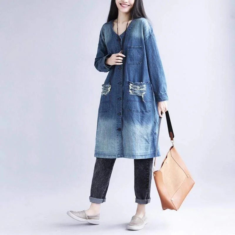 Denim Top with a Metallic Accent for a Shiny LookDistressed Long Denim Coat