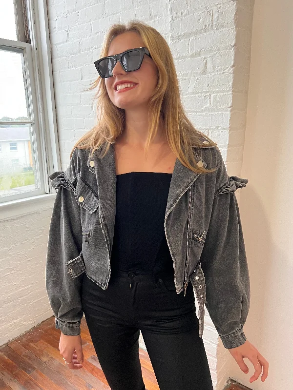 Denim Top for a Beachside Picnic with a Laid - Back StyleDIXIE BIKER JACKET IN BLACK DENIM
